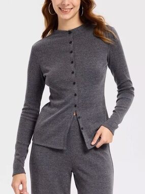 A New Day Rib Knit High Neck Cardigan Sweater Gray Long Sleeve Size M